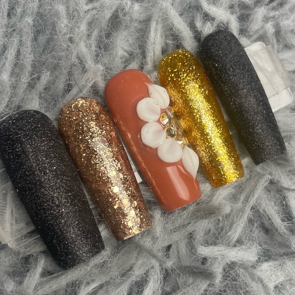 Handmade Other - long square black brown gold press on nails glitter acrylic flowers handmade